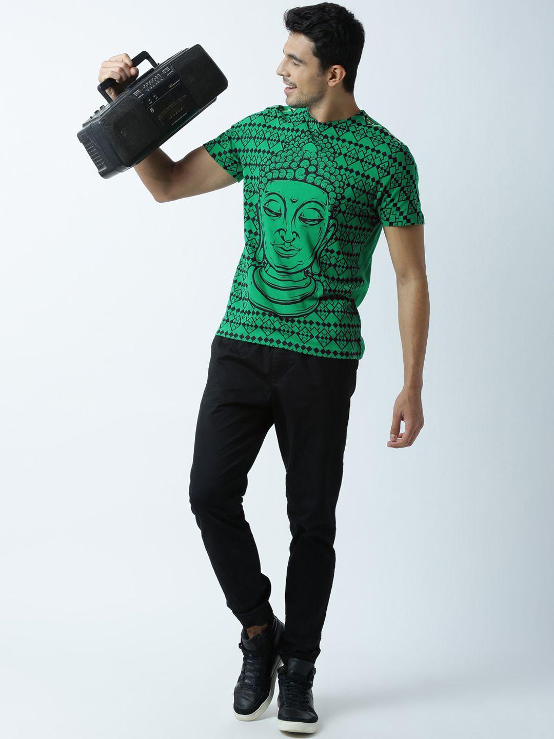 huetrap men green printed round neck t-shirt