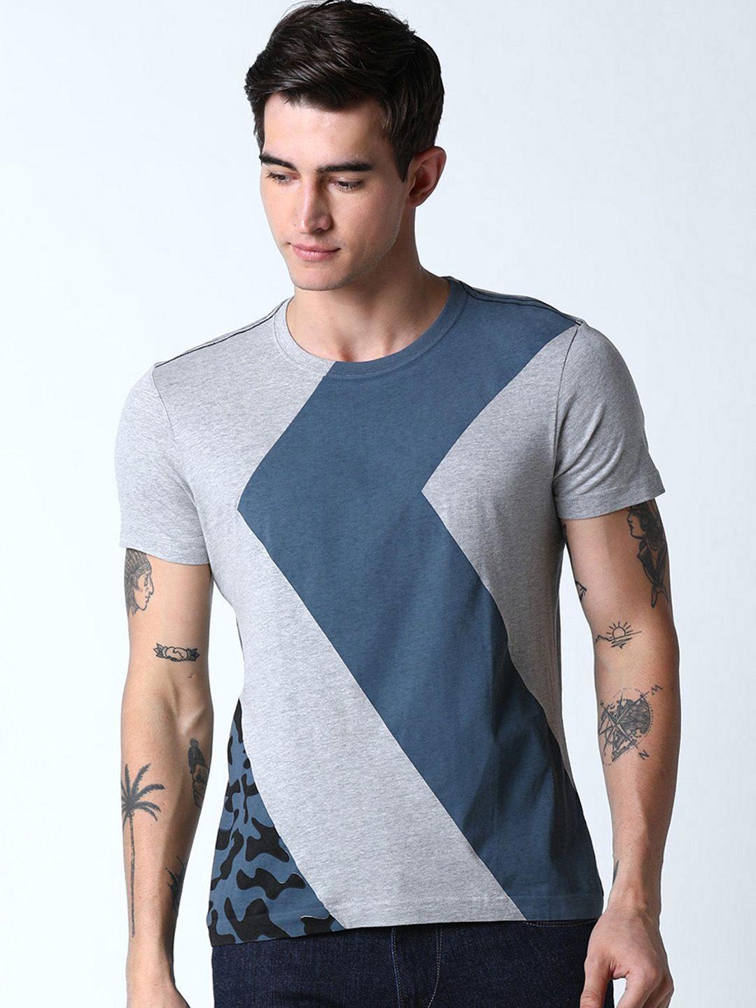huetrap men grey & navy blue colourblocked round neck t-shirt