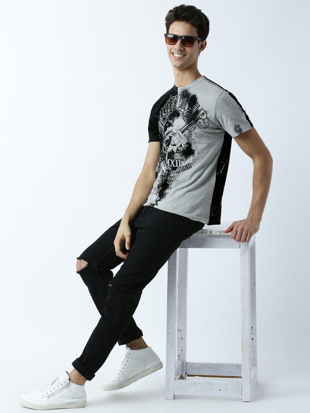 huetrap men grey melange & black printed round neck t-shirt