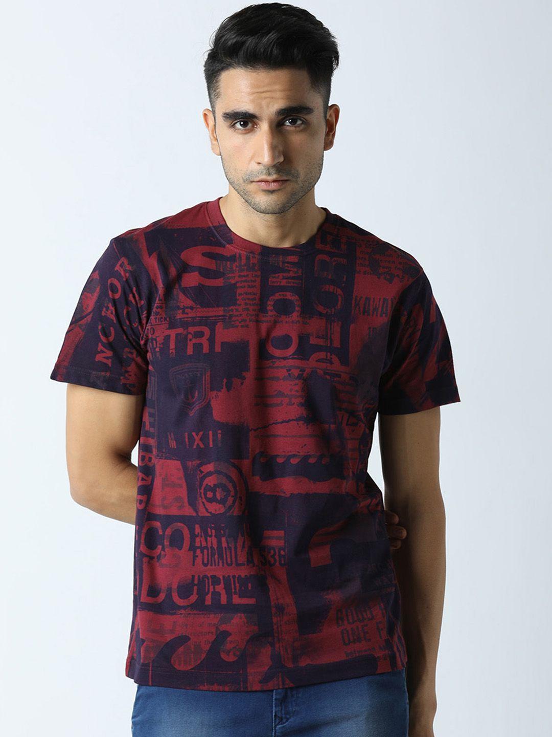 huetrap men maroon & navy blue printed round neck t-shirt