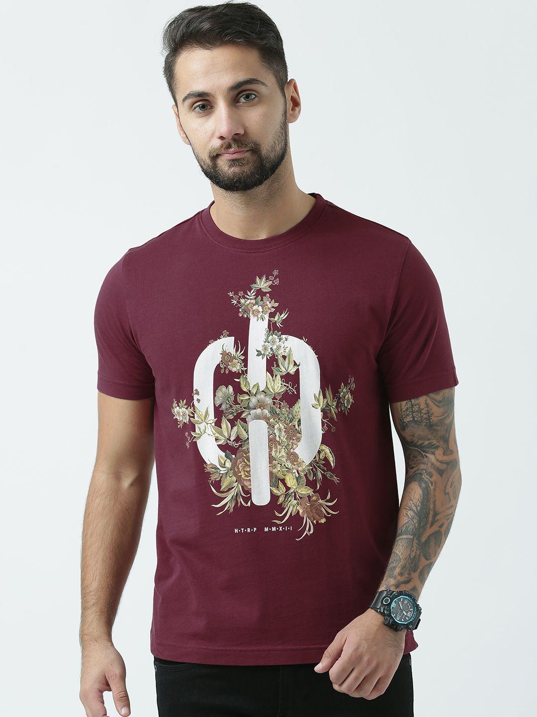 huetrap men maroon printed round neck t-shirt