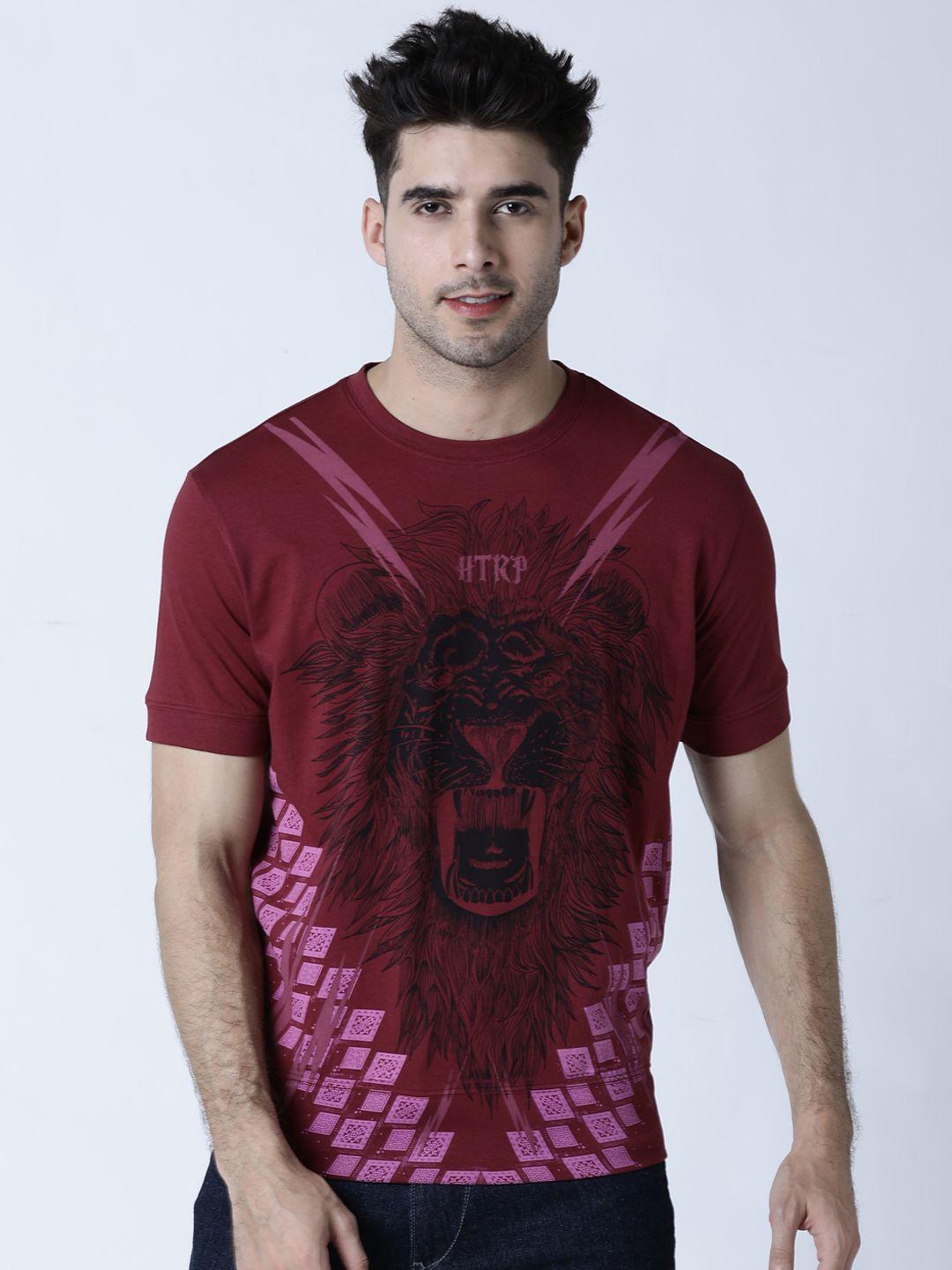 huetrap men maroon printed round neck t-shirt