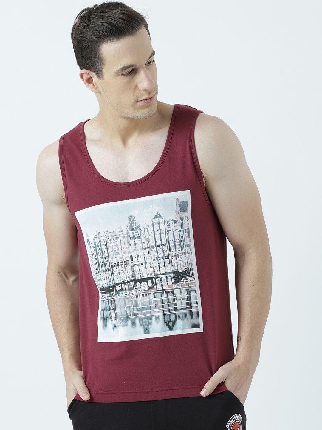 huetrap men maroon printed scoop neck sleeveless t-shirt