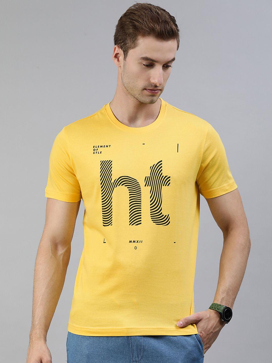 huetrap men mustard yellow & black printed t-shirt
