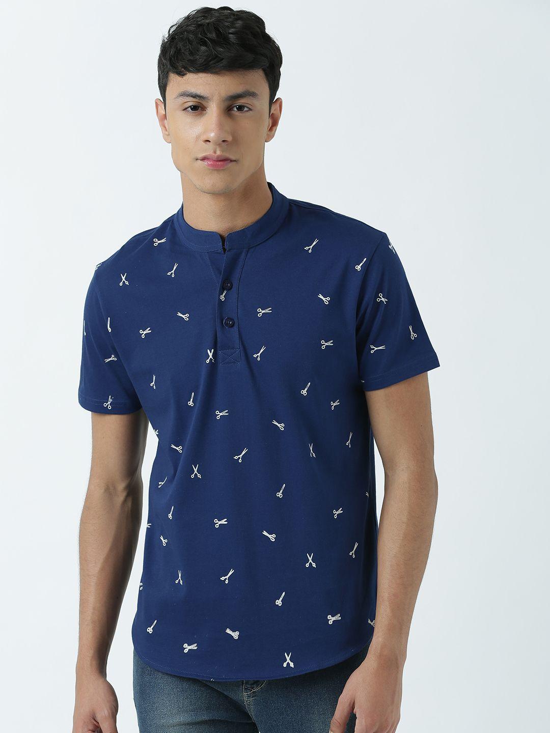 huetrap men navy blue printed mandarin collar t-shirt