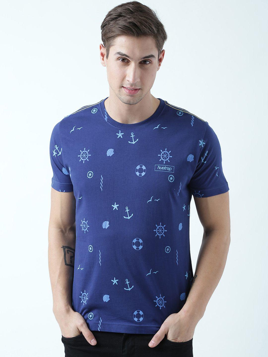 huetrap men navy blue printed round neck t-shirt