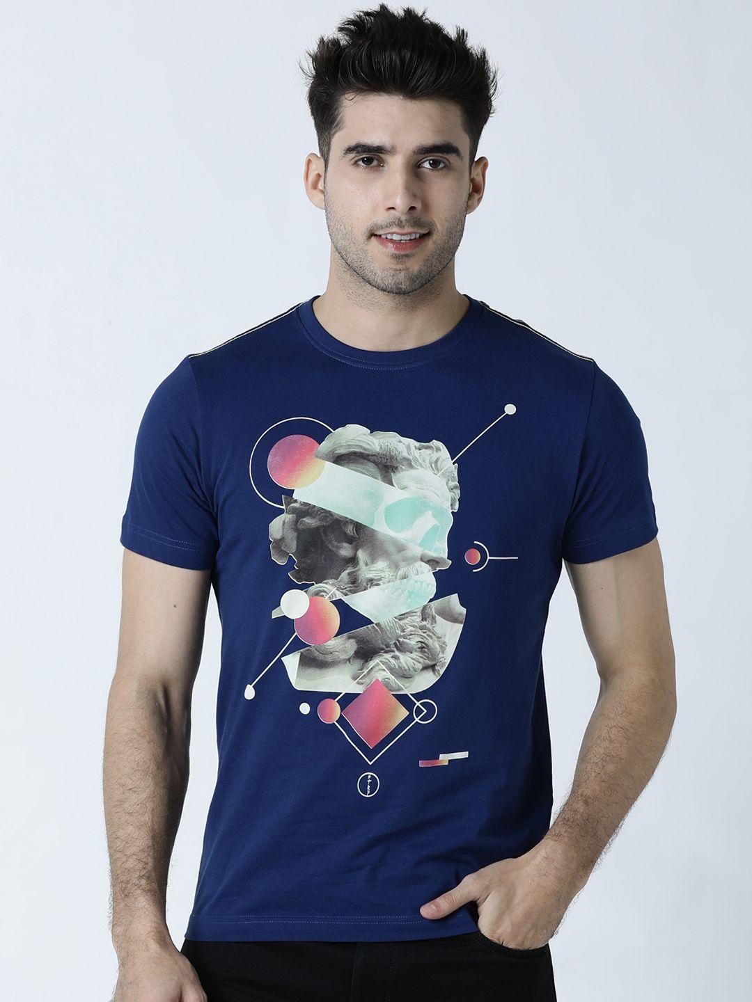 huetrap men navy blue printed round neck t-shirt