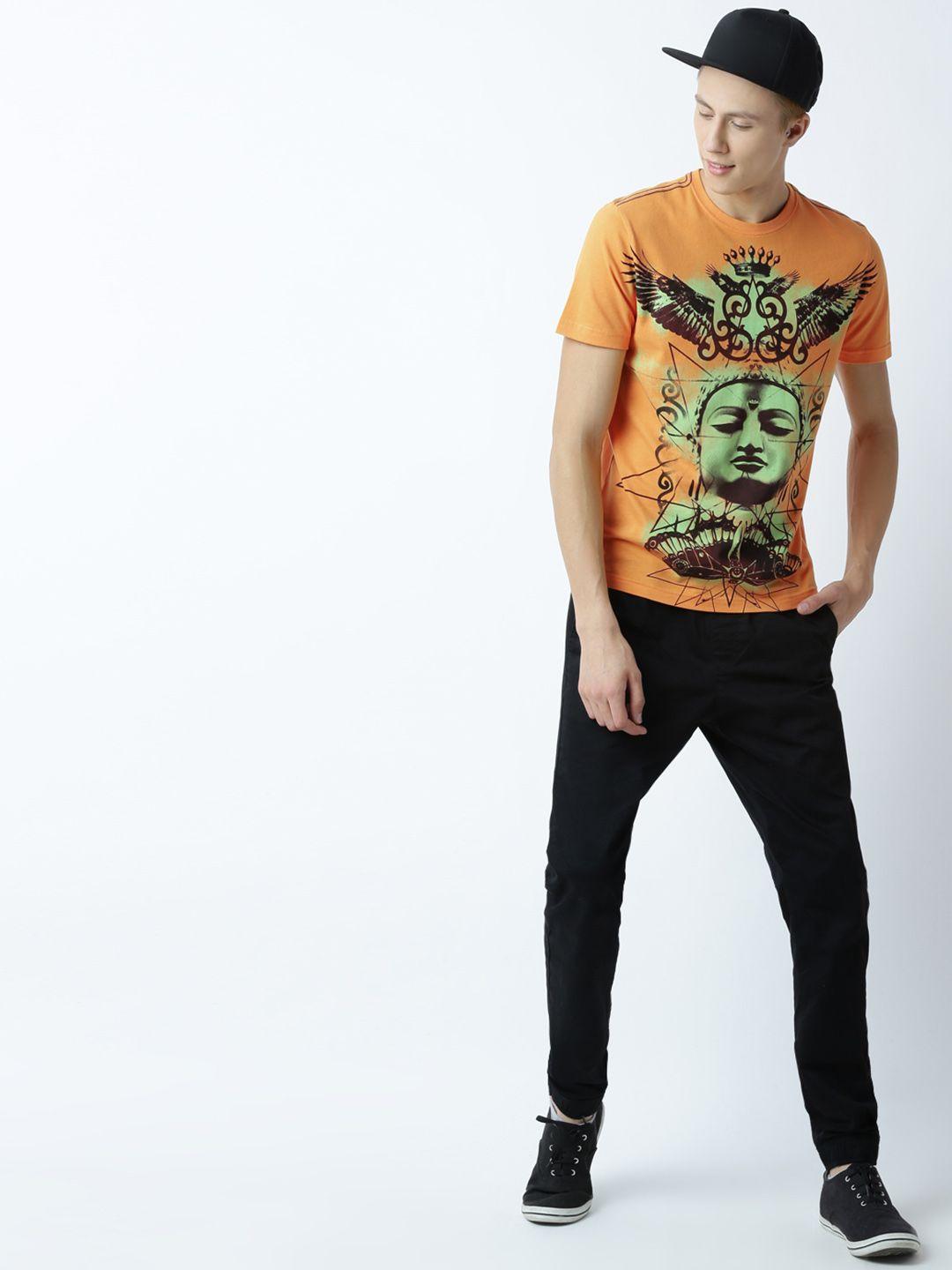 huetrap men orange printed round neck t-shirt