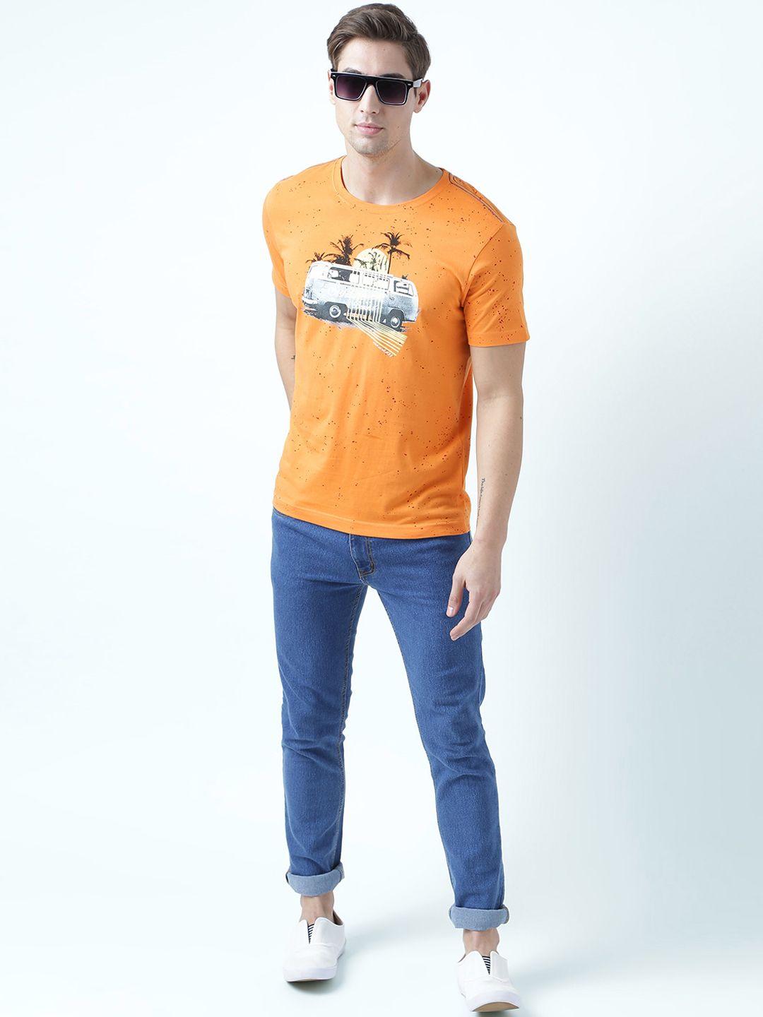 huetrap men orange printed round neck t-shirt