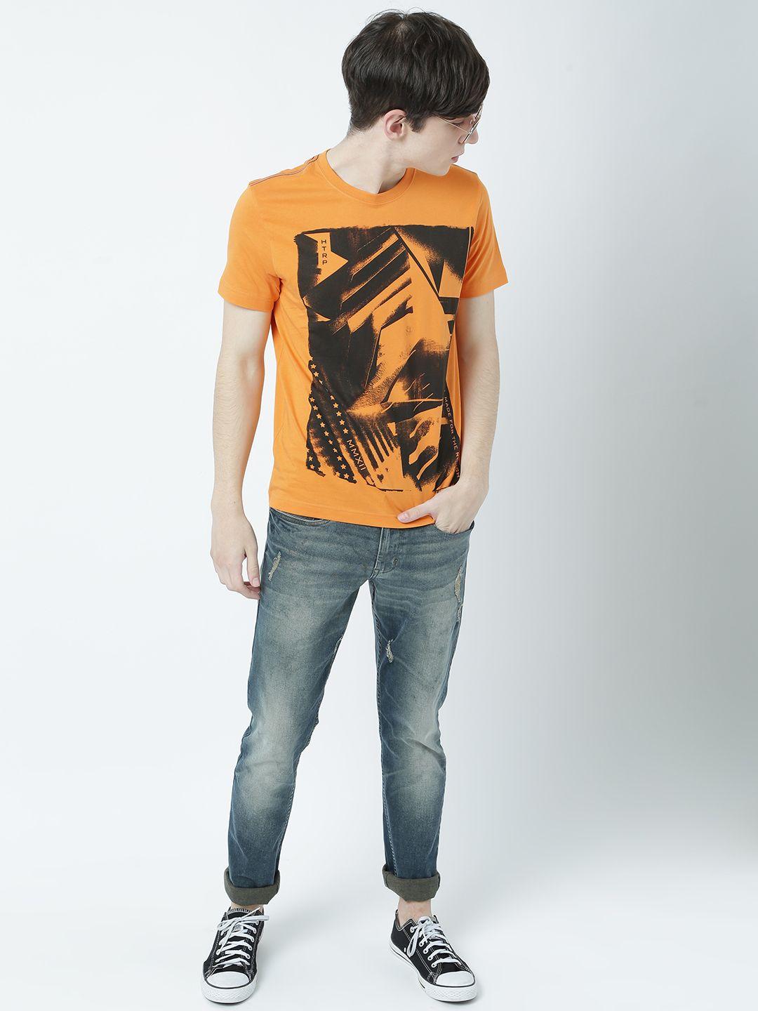 huetrap men orange printed round neck t-shirt