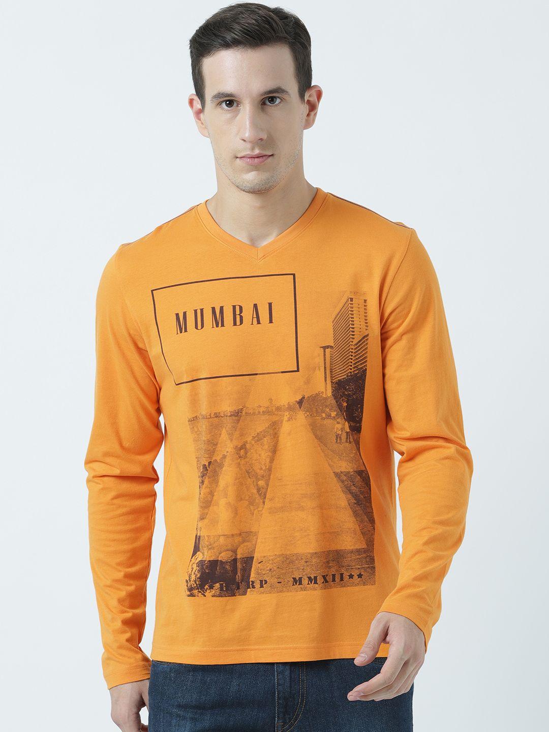 huetrap men orange printed v-neck t-shirt