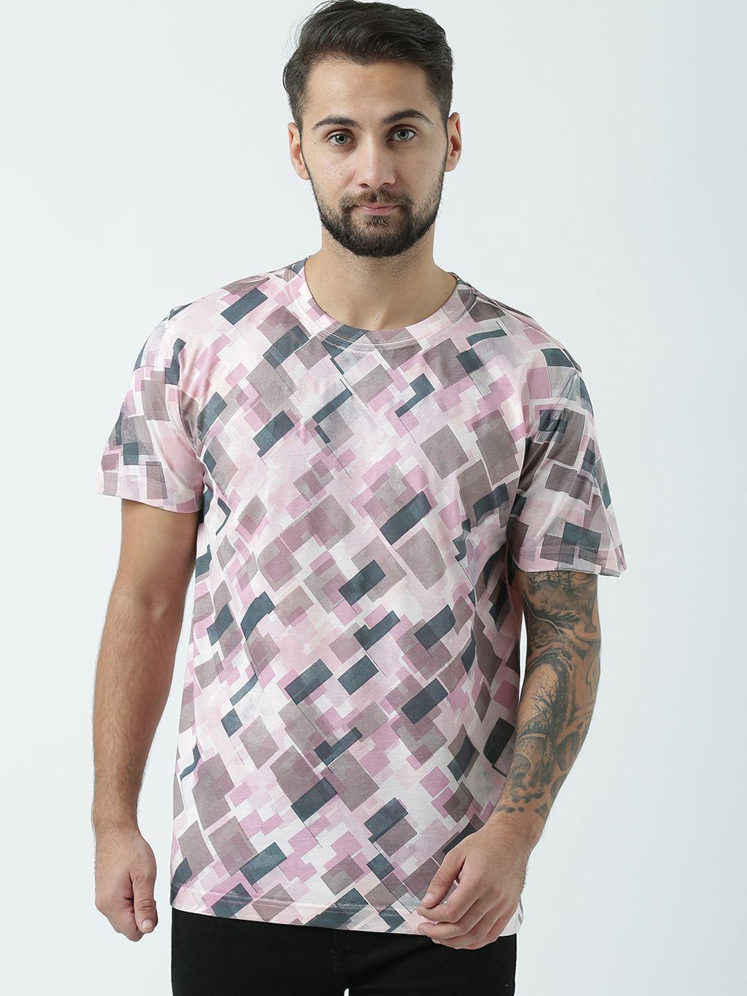 huetrap men pink & grey printed round neck t-shirt