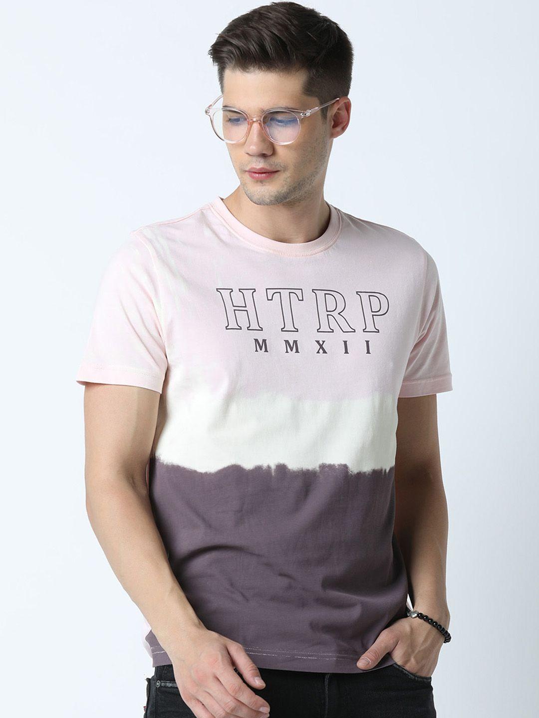 huetrap men pink & mauve colourblocked round neck t-shirt