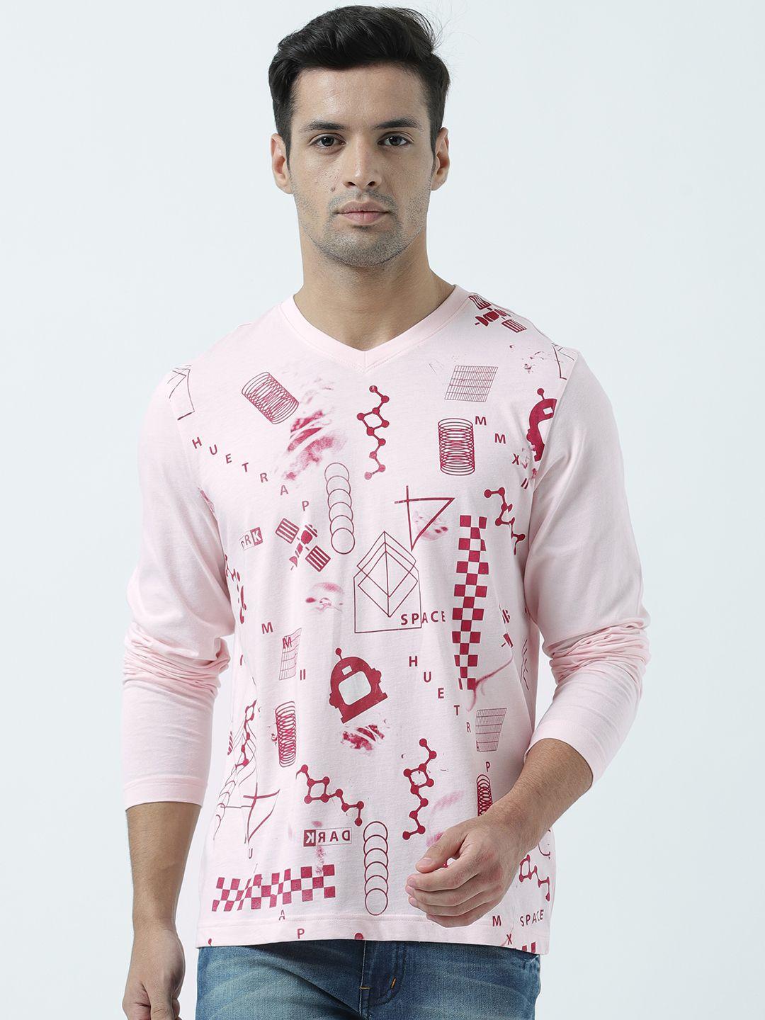 huetrap men pink printed v-neck t-shirt