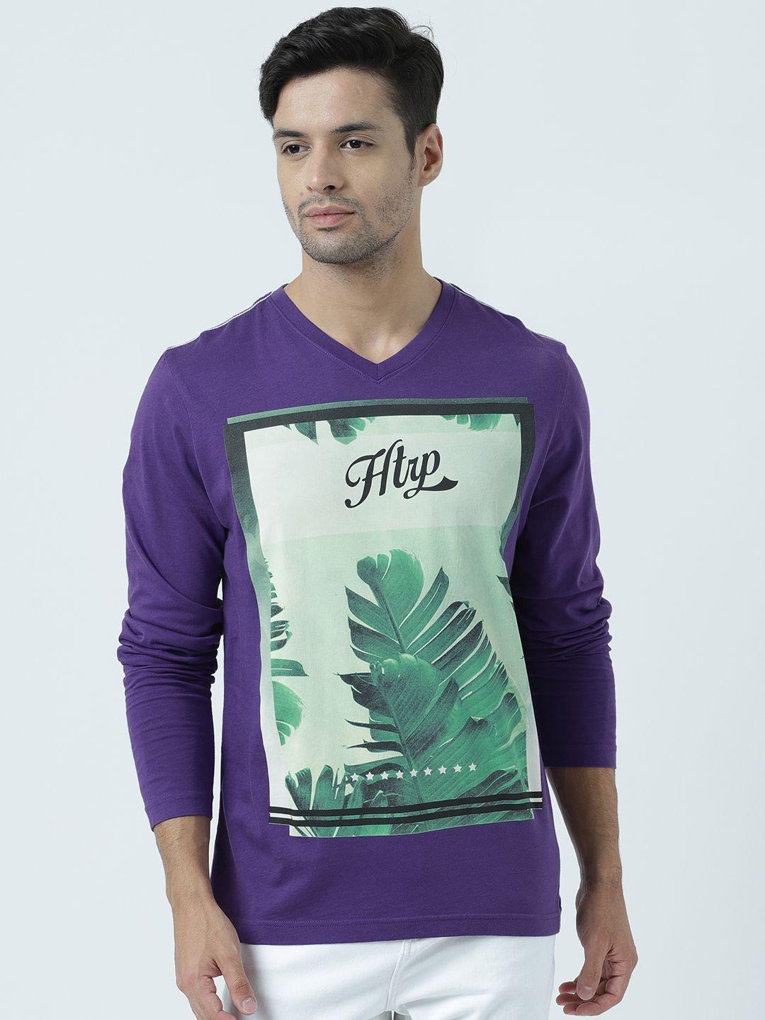 huetrap men purple printed v-neck t-shirt