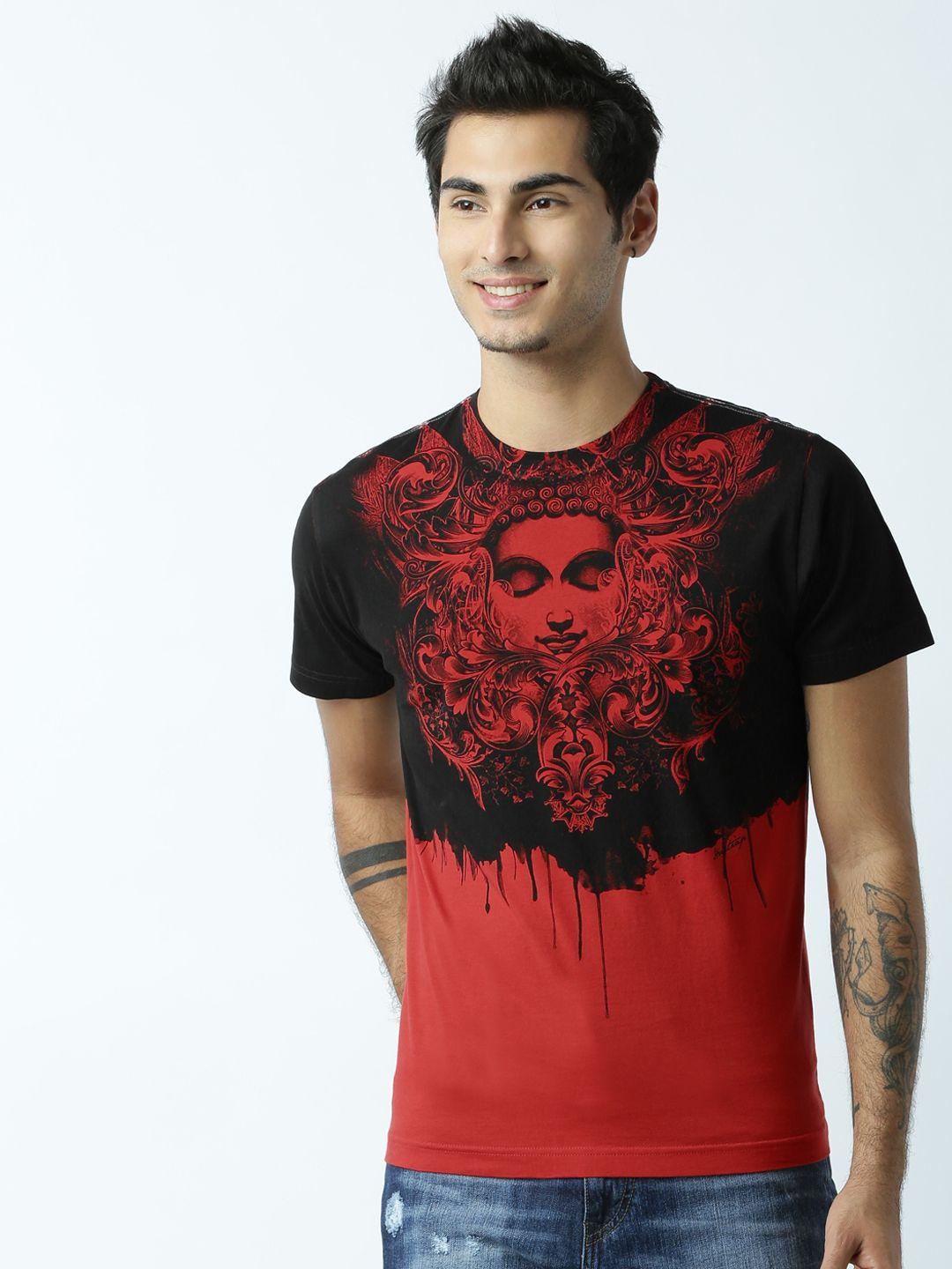 huetrap men red & black printed round neck t-shirt