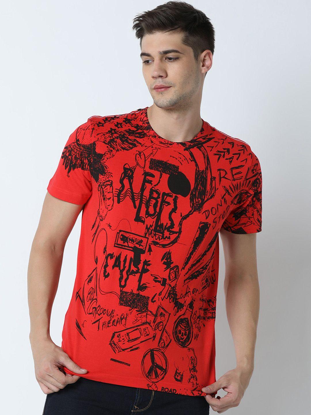 huetrap men red & black printed round neck t-shirt