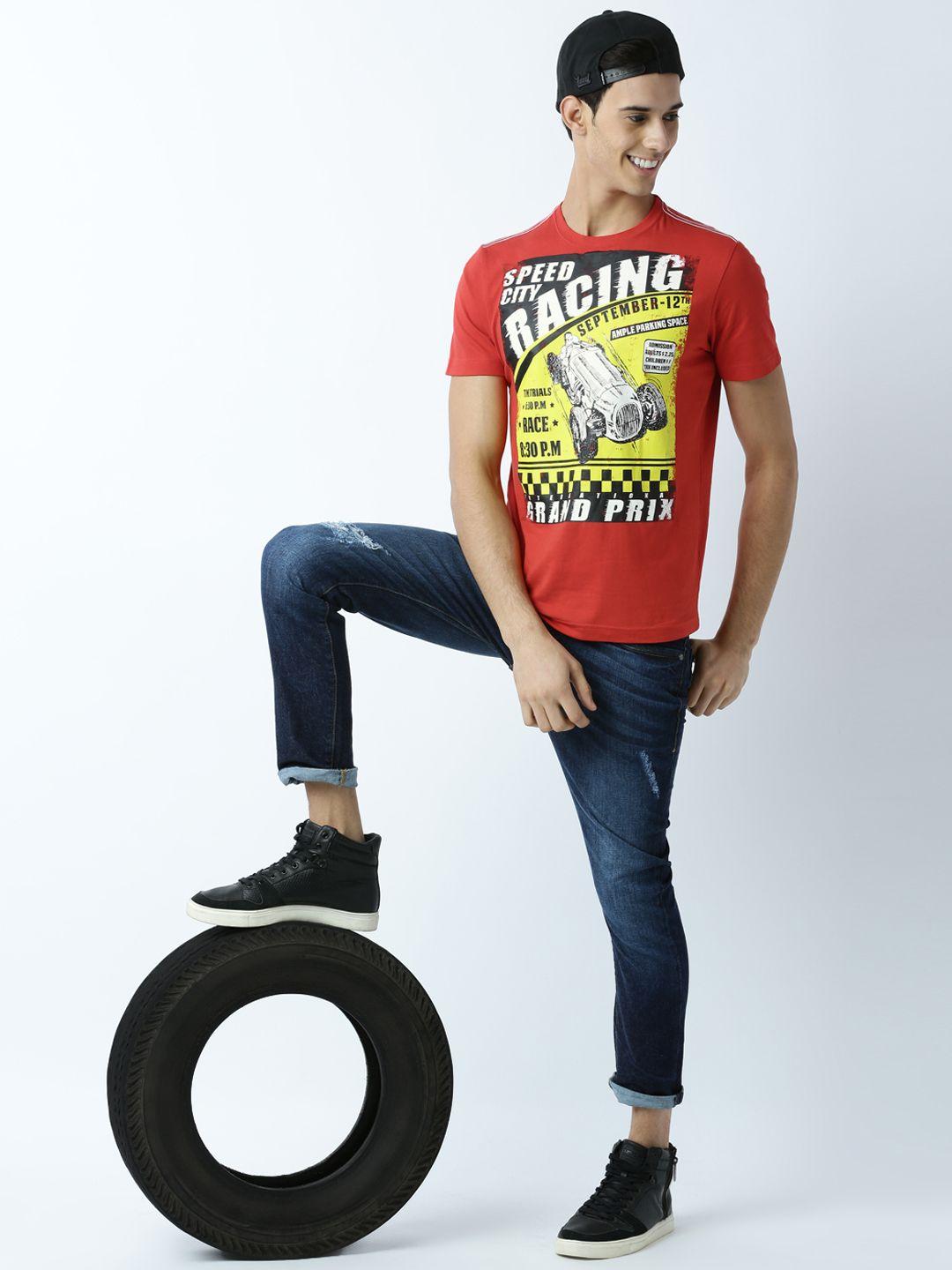 huetrap men red printed round neck t-shirt