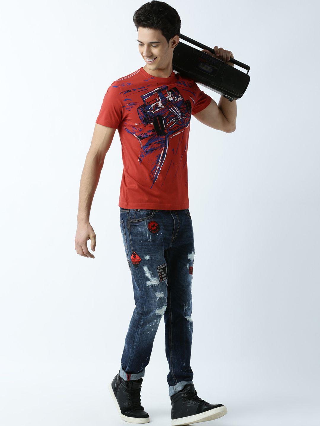 huetrap men red printed round neck t-shirt