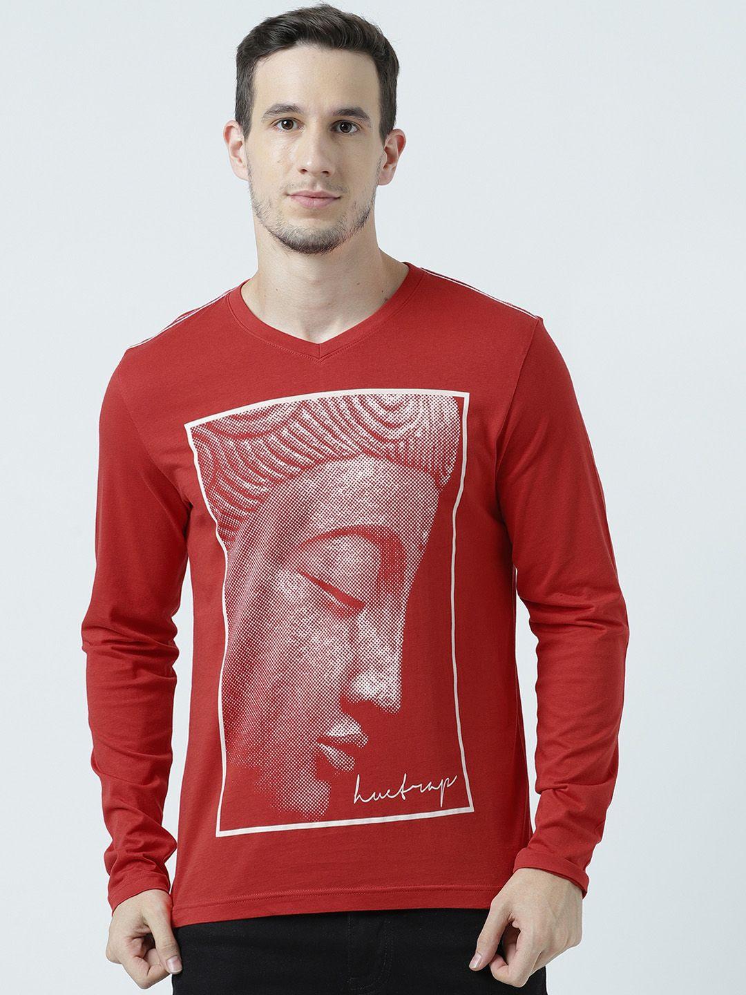 huetrap men red printed v-neck t-shirt