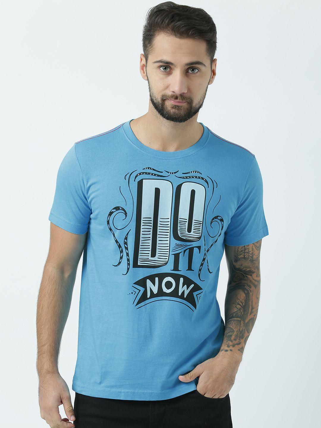 huetrap men turquoise blue printed round neck t-shirt