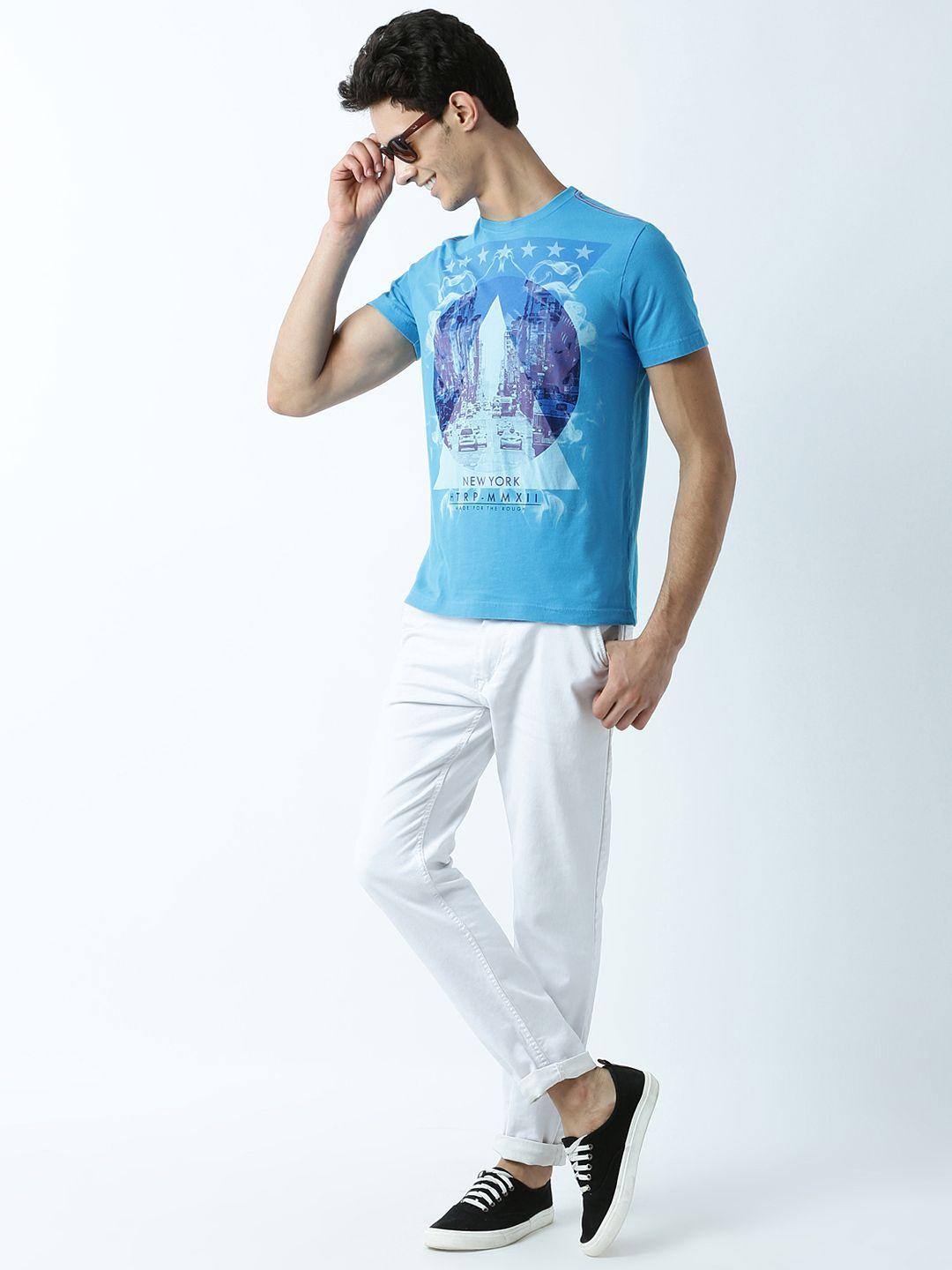 huetrap men turquoise blue printed t-shirt