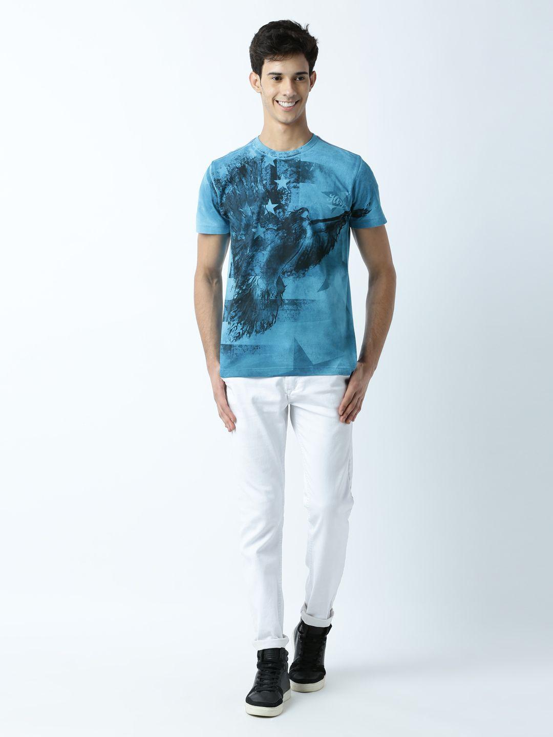 huetrap men turquoise blue printed t-shirt