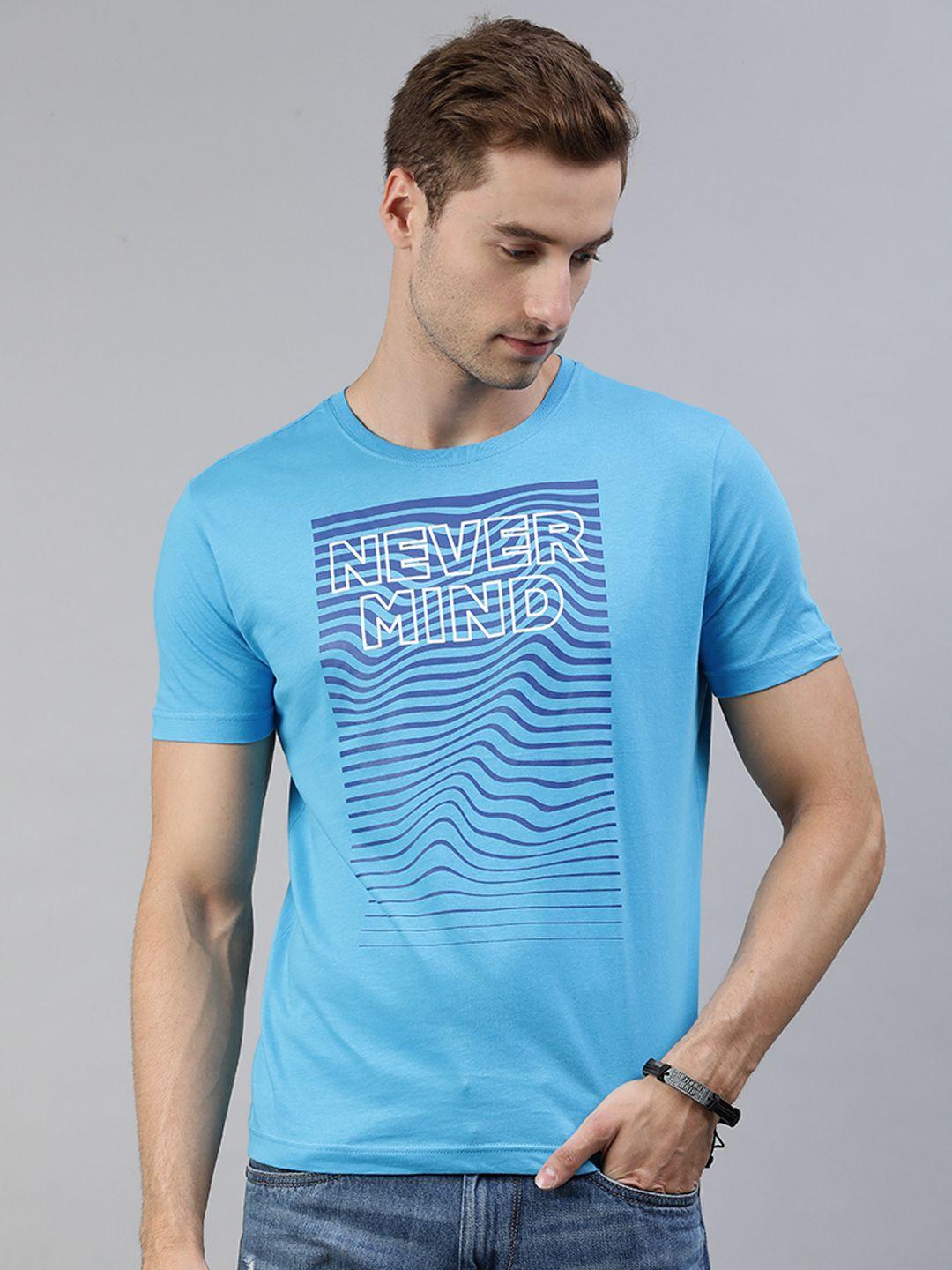 huetrap men turquoise blue typography printed pure cotton t-shirt
