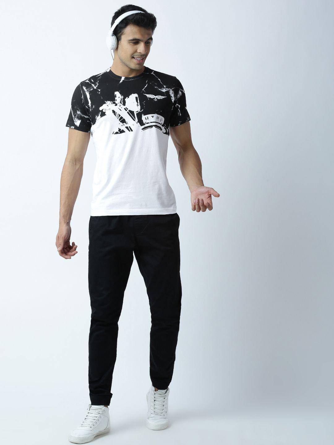 huetrap men white & black printed regular fit round neck t-shirt