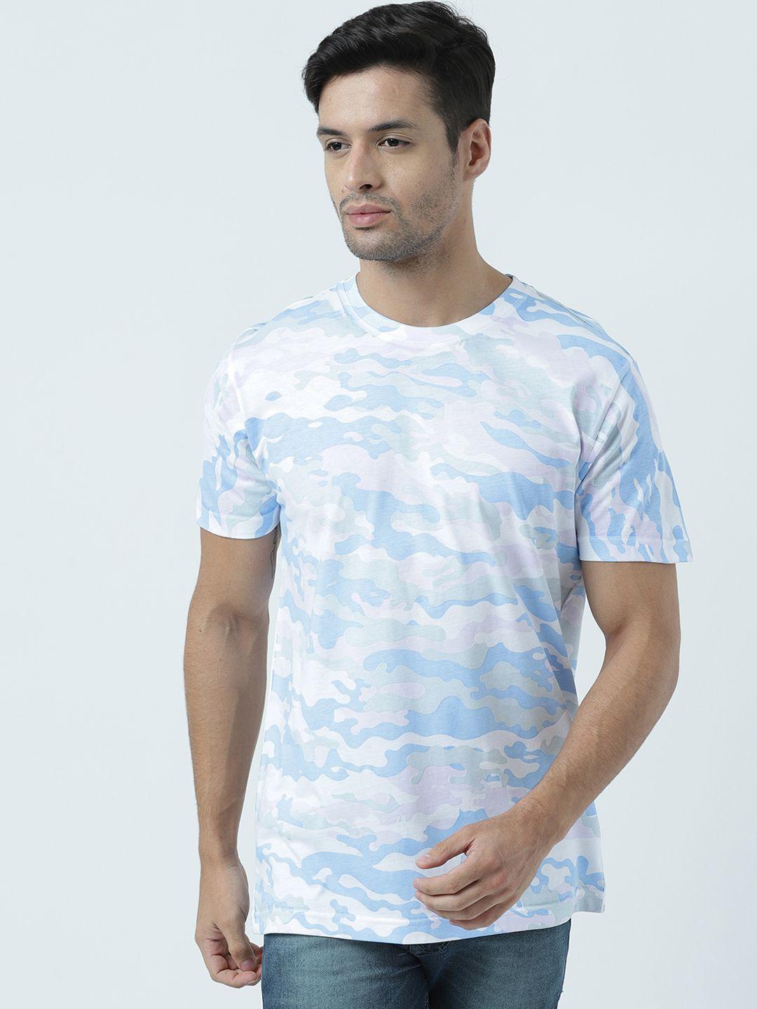 huetrap men white & blue printed round neck t-shirt