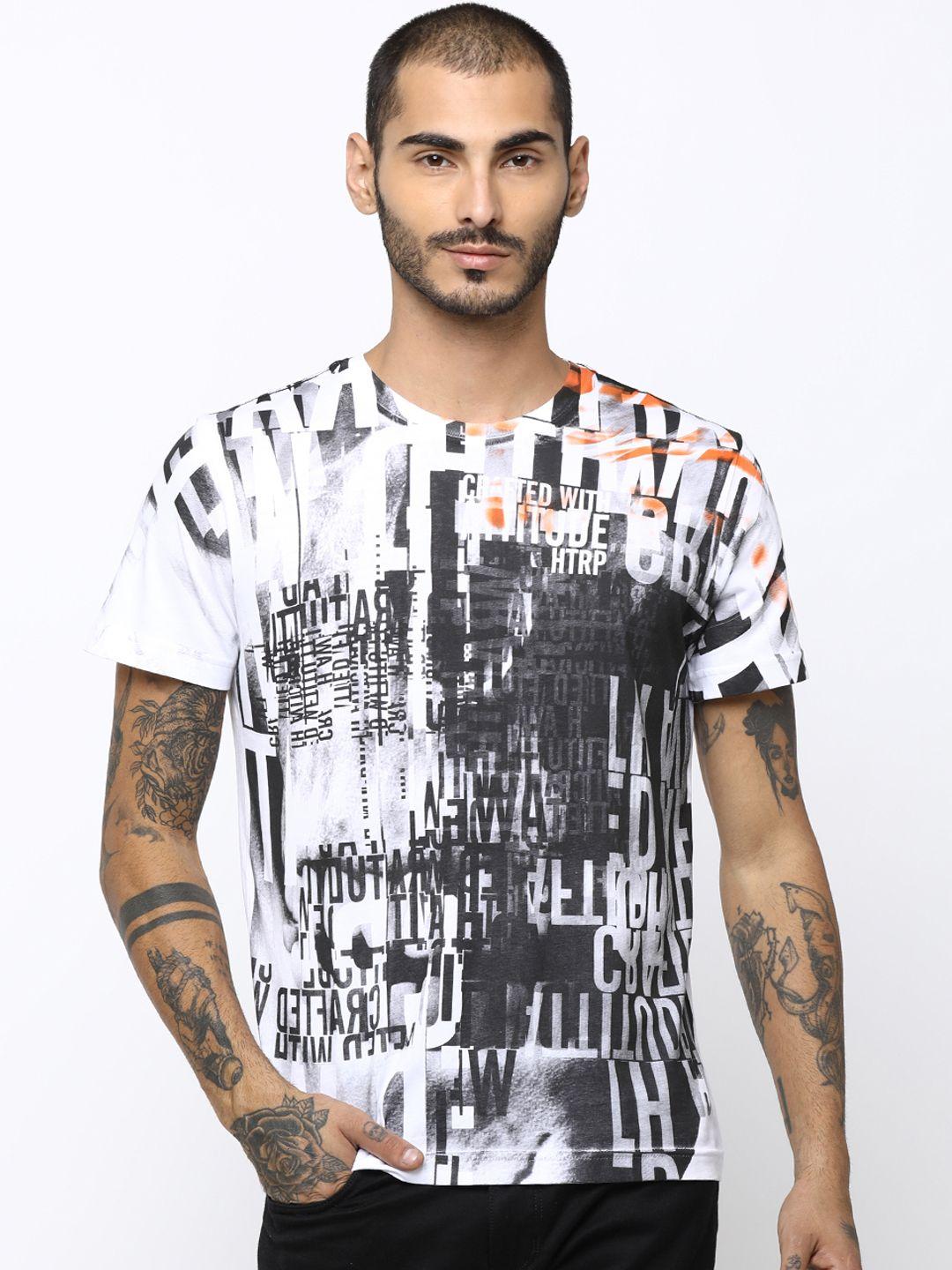 huetrap men white & charcoal grey printed round neck t-shirt