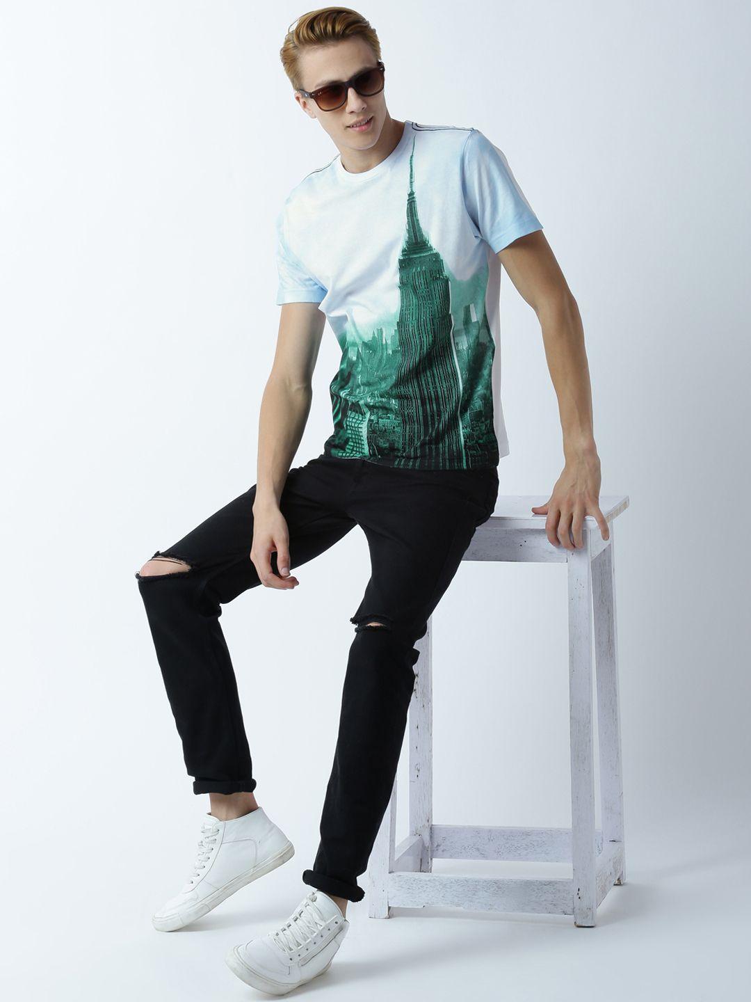 huetrap men white & green printed round neck t-shirt