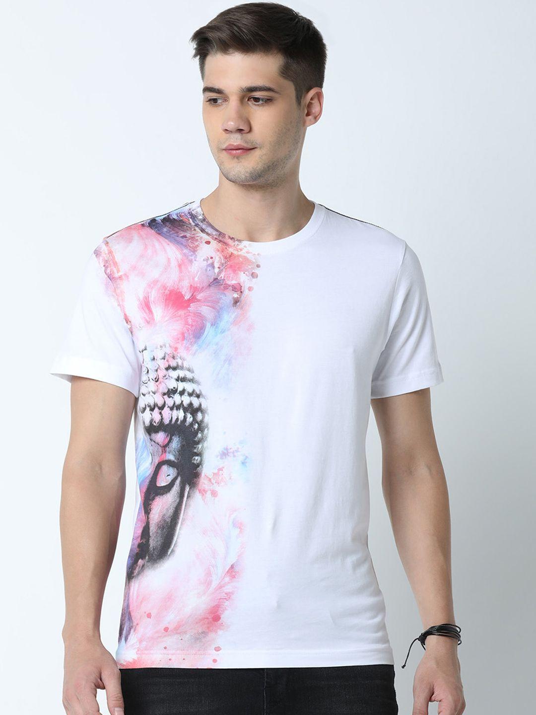huetrap men white & pink printed round neck t-shirt