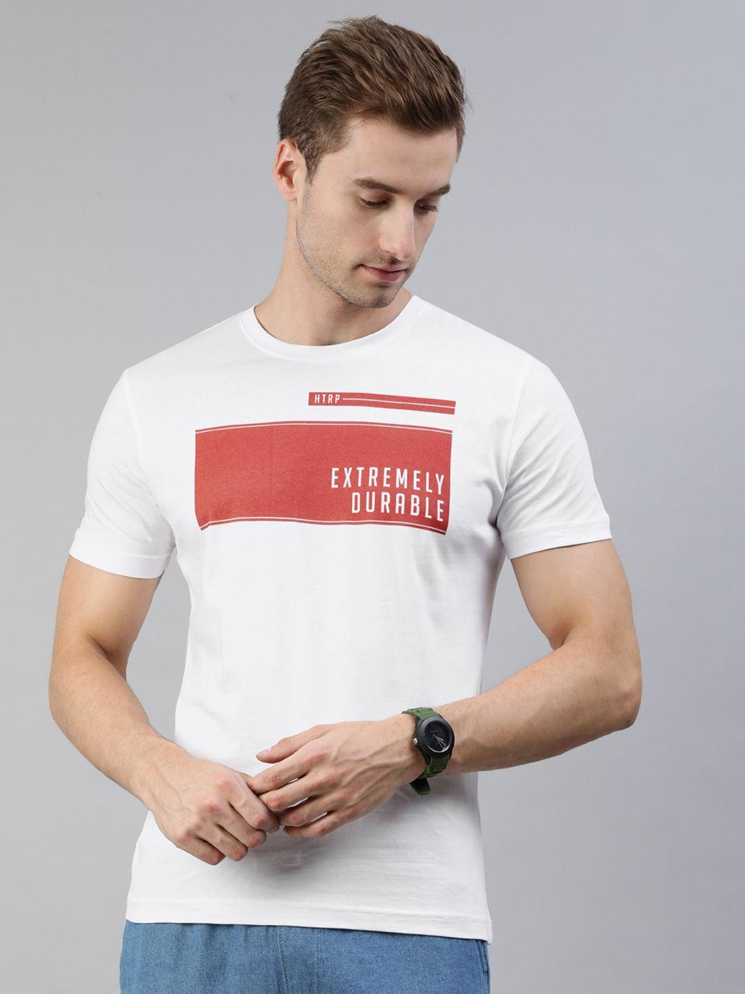 huetrap men white & red typography printed cotton t-shirt