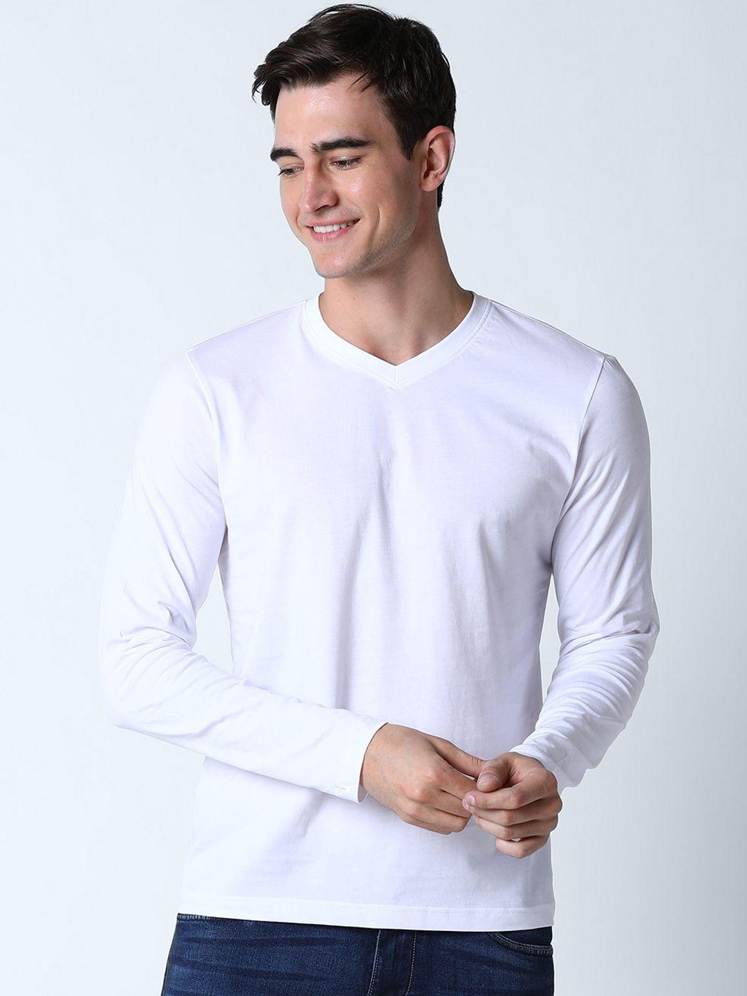 huetrap men white solid v-neck t-shirt