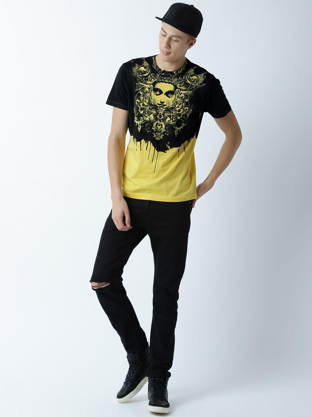 huetrap men yellow & black printed & colourblocked round neck t-shirt