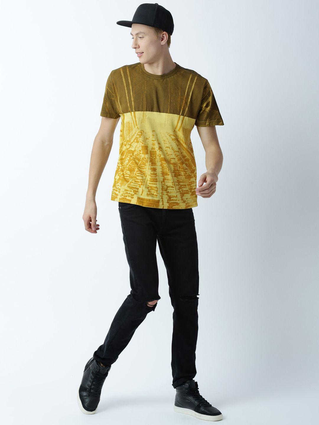 huetrap men yellow & brown printed & colourblocked round neck t-shirt