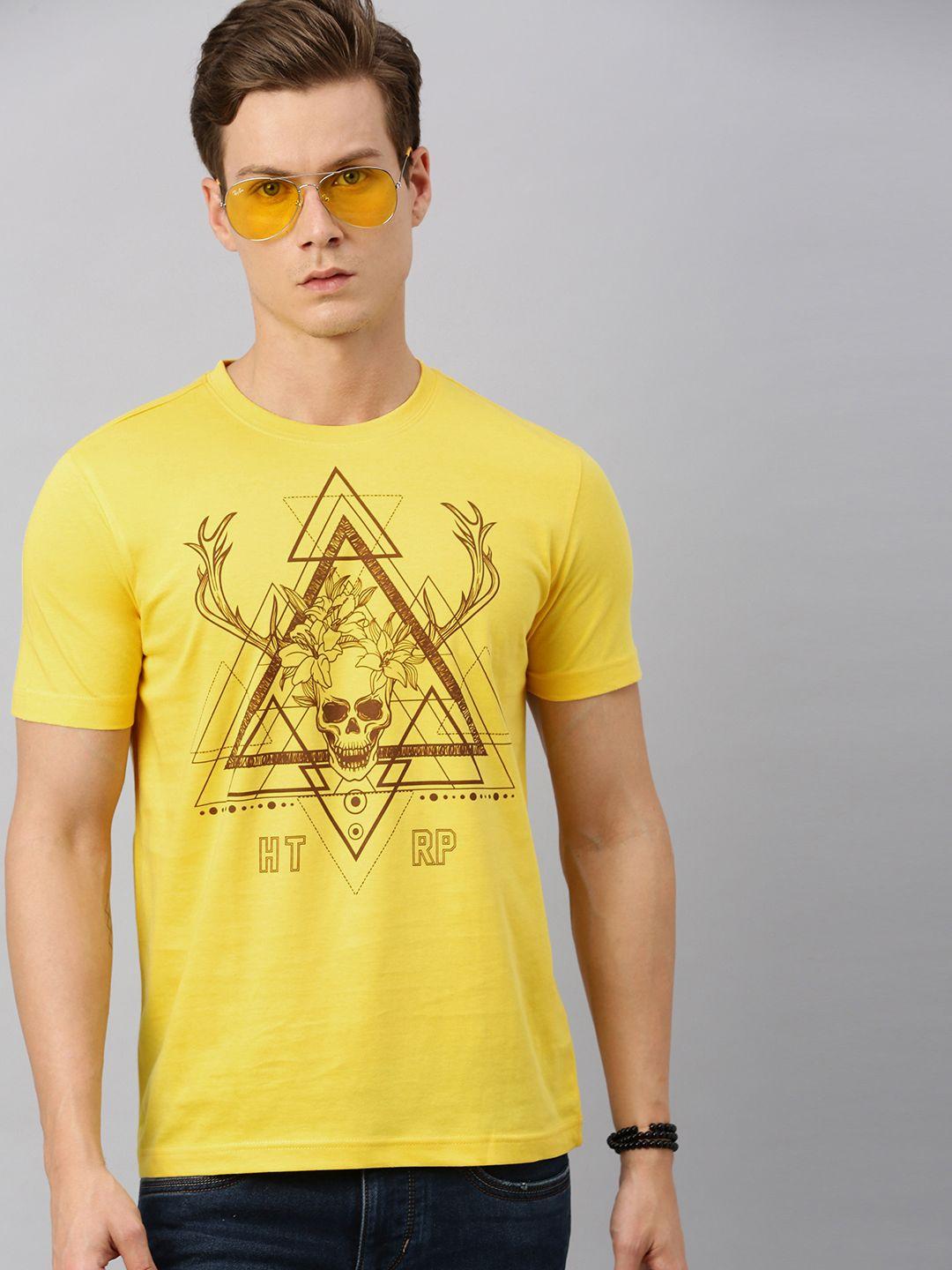 huetrap men yellow  brown printed round neck pure cotton t-shirt