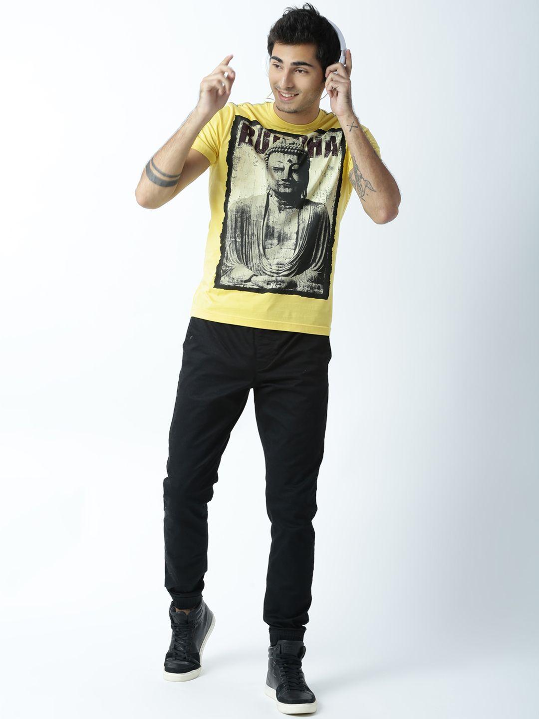 huetrap men yellow buddha print round neck t-shirt