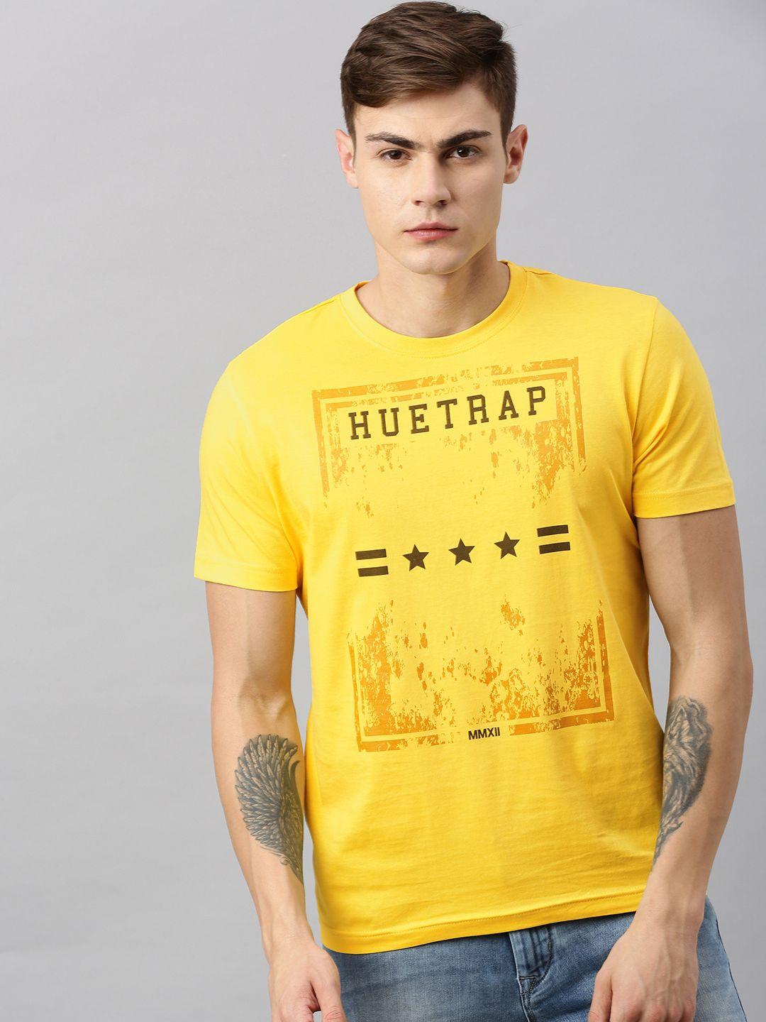 huetrap men yellow printed round neck pure cotton t-shirt