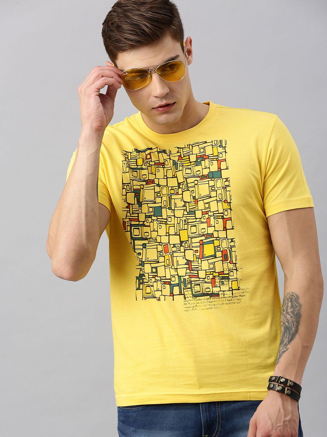 huetrap men yellow printed round neck pure cotton t-shirt