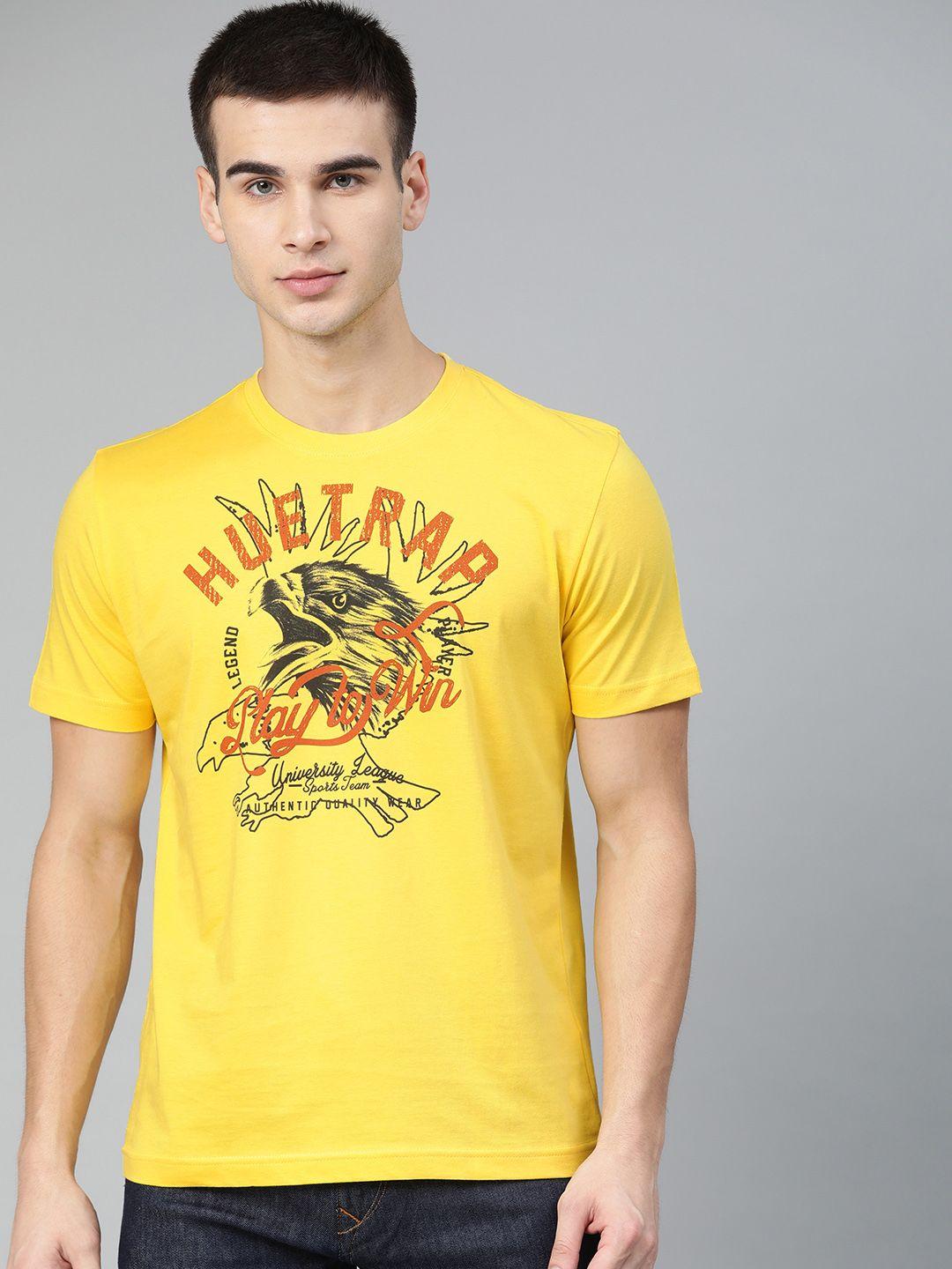 huetrap men yellow printed round neck pure cotton t-shirt