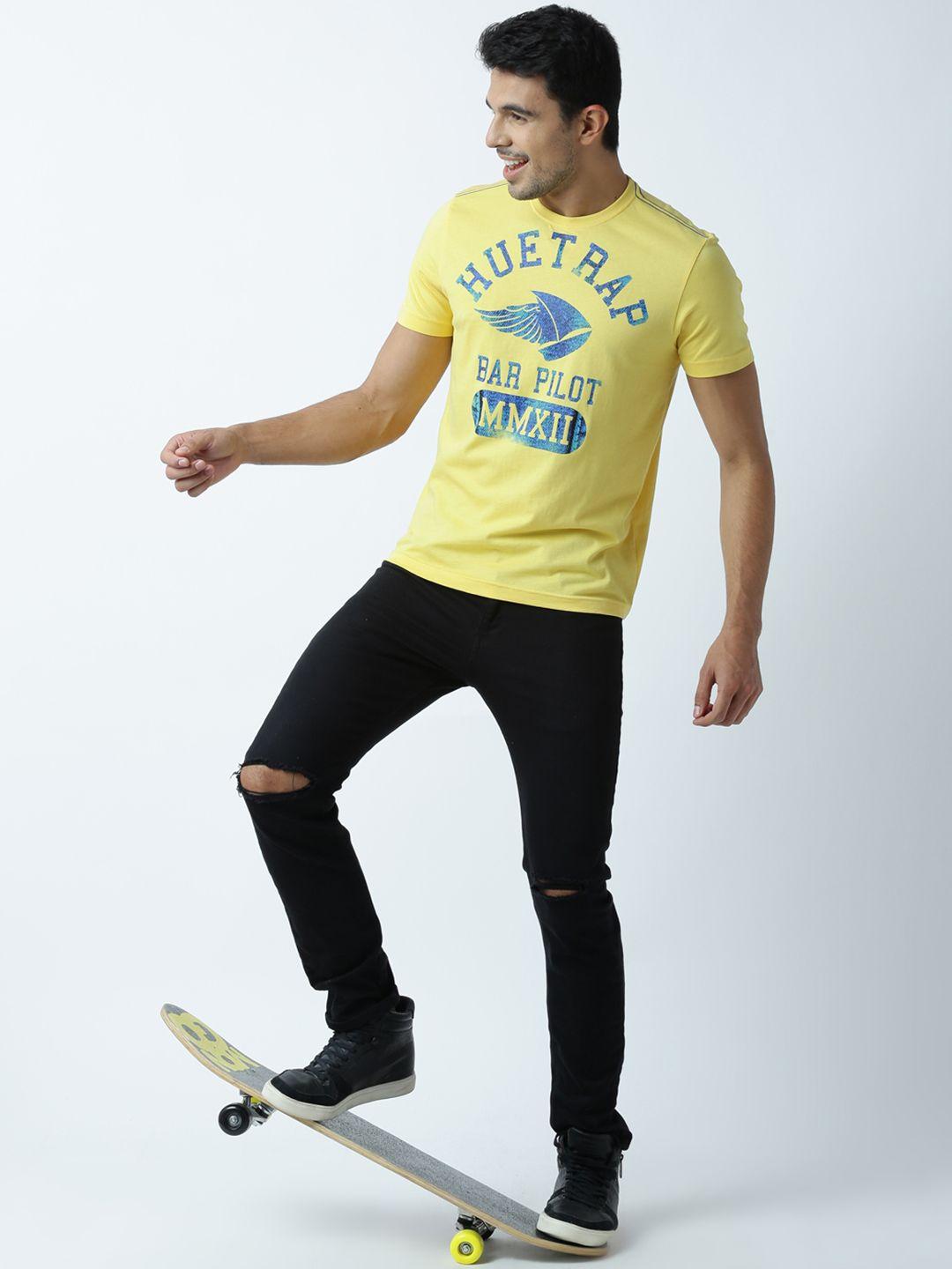 huetrap men yellow printed round neck t-shirt