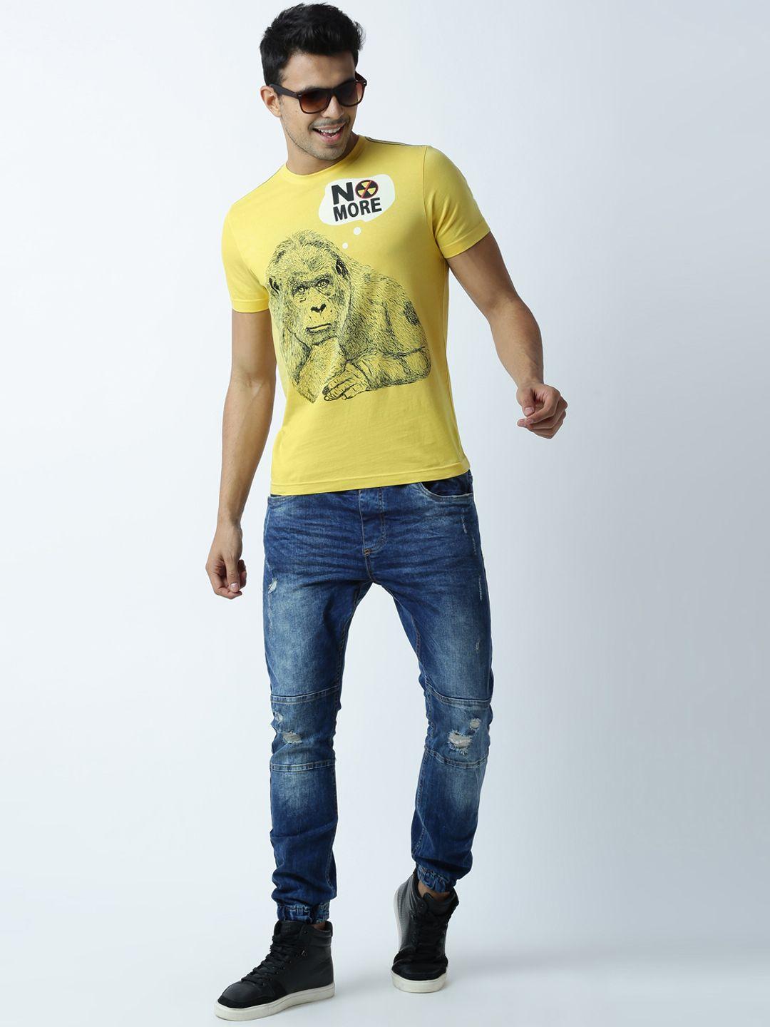 huetrap men yellow printed round neck t-shirt