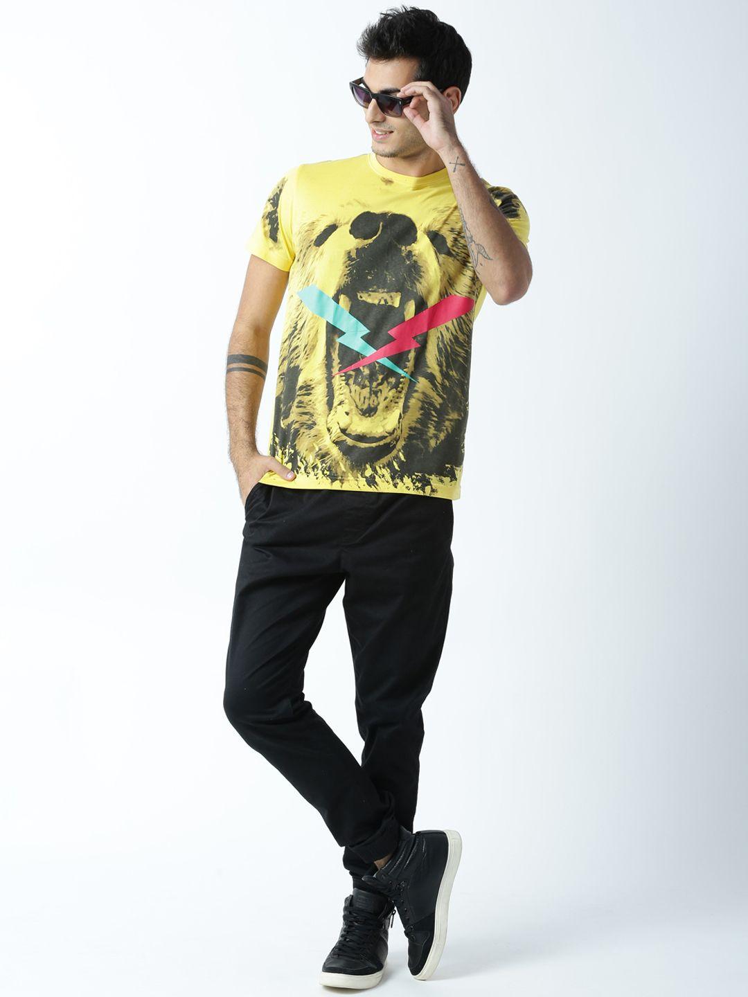 huetrap men yellow printed round neck t-shirt