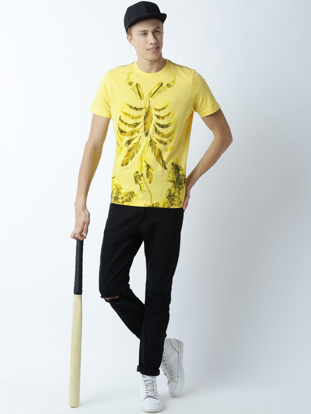 huetrap men yellow printed round neck t-shirt