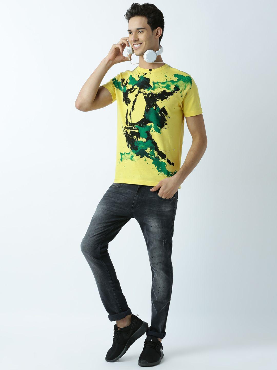 huetrap men yellow printed round neck t-shirt