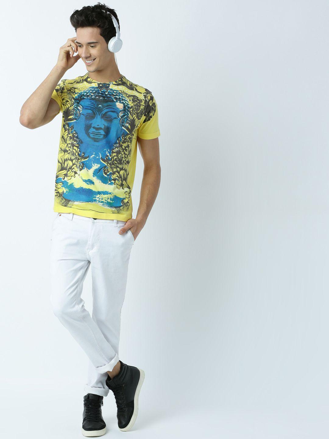 huetrap men yellow printed round neck t-shirt