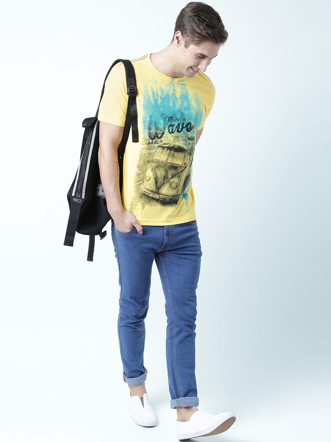 huetrap men yellow printed round neck t-shirt