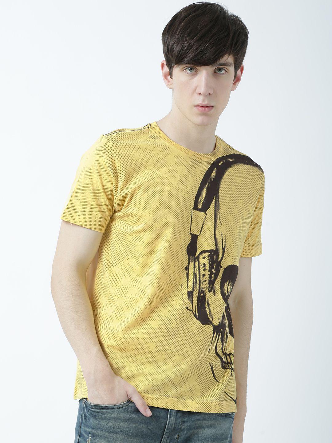 huetrap men yellow printed round neck t-shirt
